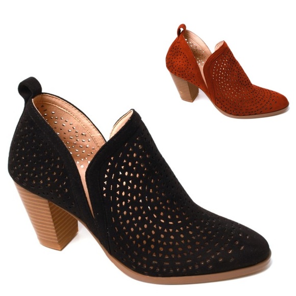 Burgundy Suede Perforated Block Heel Bootie - Picture 2 of 6